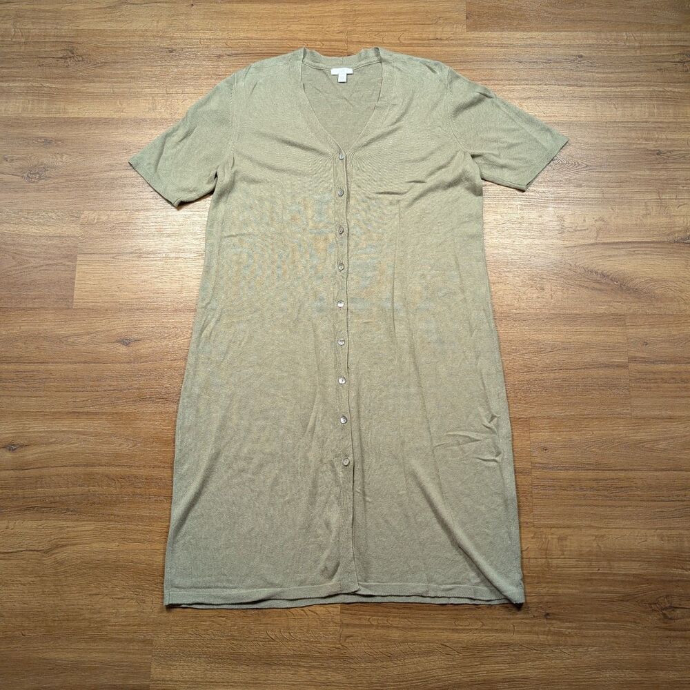 J Jill Midi Cardigan Dress Sz Large Sage Green Viscose Linen Blend Button Front